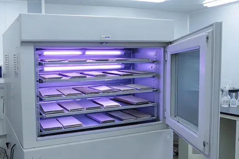 UV weathering chamber for geomembrane samples