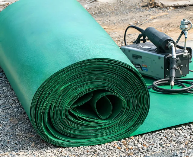 Textured Solmax geomembrane roll staged for field deployment