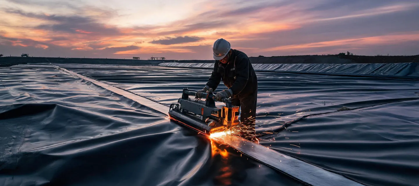 Field welding of Solmax geomembrane seams at dusk